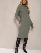  Rochie Verde închis Mulată Reiată Tricotată cu Guler înalt din Lână Bumbac și Cașmir Vaiovia