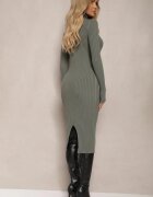  Rochie Verde închis Mulată Reiată Tricotată cu Guler înalt din Lână Bumbac și Cașmir Vaiovia