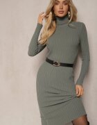  Rochie Verde închis Mulată Reiată Tricotată cu Guler înalt din Lână Bumbac și Cașmir Vaiovia