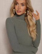  Rochie Verde închis Mulată Reiată Tricotată cu Guler înalt din Lână Bumbac și Cașmir Vaiovia