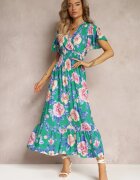  Rochie Verde Maxi Evazată cu elastic în talie și volane Tayte