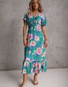  Rochie Verde Maxi Evazată cu elastic în talie și volane Tayte