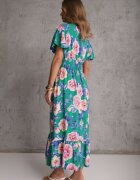  Rochie Verde Maxi Evazată cu elastic în talie și volane Tayte