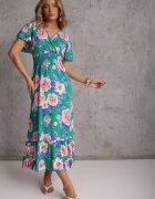  Rochie Verde Maxi Evazată cu elastic în talie și volane Tayte