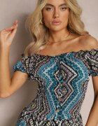 Rochie Verde-Neagră Elastică Boho cu Decolteu Spaniol din Bumbac Solphina