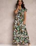  Rochie Verde-Negru din Vâscoză Maxi cu Flori Mahiza