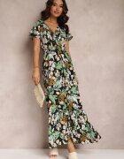  Rochie Verde-Negru din Vâscoză Maxi cu Flori Mahiza