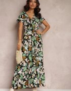  Rochie Verde-Negru din Vâscoză Maxi cu Flori Mahiza