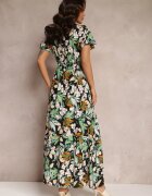  Rochie Verde-Negru din Vâscoză Maxi cu Flori Mahiza