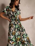  Rochie Verde-Negru din Vâscoză Maxi cu Flori Mahiza