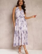  Rochie Violet Evazată Florală cu curea Ademora