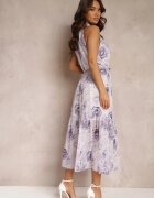  Rochie Violet Evazată Florală cu curea Ademora