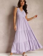 Rochie Violet Evazată Maxi cu Inserații Croșetate Ylivea