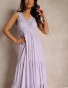  Rochie Violet Evazată Maxi cu Inserații Croșetate Ylivea