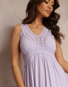  Rochie Violet Evazată Maxi cu Inserații Croșetate Ylivea