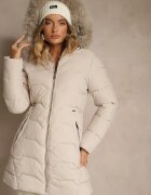 romee's Geacă bej închis matlasată cu croială cambrată cu glugă cu blană Mindria