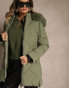 romee's Geacă Verde închis cu Cusături Matlasate și Glugă cu Blană Guira