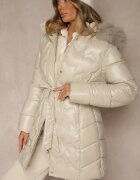 romee's Jachetă matlasată bej cu blană detașabilă și glugă decorată cu o curea Olinesa
