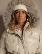 romee's Jachetă matlasată bej cu blană detașabilă și glugă decorată cu o curea Olinesa