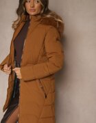 romee's Jachetă matlasată maro cu croială cambrată cu glugă cu blană Mindria