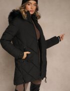 romee's Jachetă Neagră cu cusături matlasate și glugă cu blană Guira