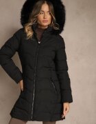 romee's Jachetă Neagră Matlasată cu croială cambrată cu glugă cu blană Mindria