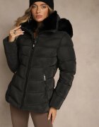 romee's Jachetă Neagră Matlasată cu Croială Cambrată cu Glugă cu Blană Olidessa