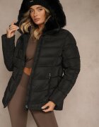 romee's Jachetă Neagră Matlasată cu Croială Cambrată cu Glugă cu Blană Olidessa