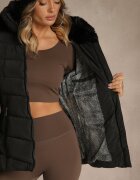romee's Jachetă Neagră Matlasată cu Croială Cambrată cu Glugă cu Blană Olidessa
