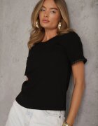 romee's T-shirt simplu din bumbac cu borduri decorative împletite Thalia Negru