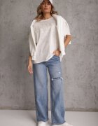 romee's Tricou Alb din bumbac Oversize cu Text Brodat cu Paiete Talomora