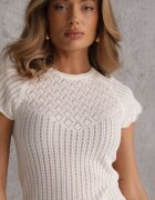 rosa Bluză Albă Cambrată Perforată cu Mâneci Scurte Yamani