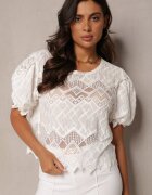 rosa Bluză Albă cu Broderie și Mânecă Scurtă Huki