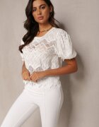 rosa Bluză Albă cu Broderie și Mânecă Scurtă Huki