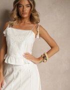 rosa Bluză Albă din Bumbac cu Volănaș Broderii și Franjuri Milunissa
