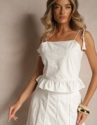 rosa Bluză Albă din Bumbac cu Volănaș Broderii și Franjuri Milunissa