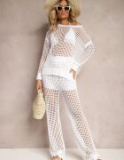 rosa Bluză Albă din tricot ajurat cu umeri căzuți Limira