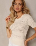 rosa Bluză Bej Clasică cu Model Ajurat Lidakra