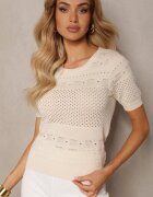 rosa Bluză Bej Clasică cu Model Ajurat Lidakra
