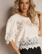 rosa Bluză bej cu broderie și mânecă scurtă Huki