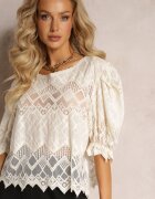 rosa Bluză bej cu broderie și mânecă scurtă Huki