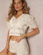 rosa Bluză bej din bumbac din croșet cu broderie pe mâneci bufante Trapika