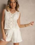 rosa Bluză Bej Rustică Ajurată Fără Mâneci cu Nasturi Brodată Linethia