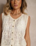 rosa Bluză Bej Rustică Ajurată Fără Mâneci cu Nasturi Brodată Linethia