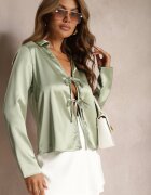 rosa Bluză Cămașă Verde din Satin în Stil Retro Finisată cu Legătură Decorativă Branea
