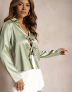 rosa Bluză Cămașă Verde din Satin în Stil Retro Finisată cu Legătură Decorativă Branea
