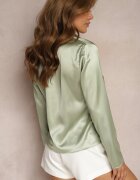 rosa Bluză Cămașă Verde din Satin în Stil Retro Finisată cu Legătură Decorativă Branea