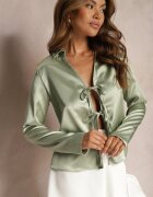 rosa Bluză Cămașă Verde din Satin în Stil Retro Finisată cu Legătură Decorativă Branea
