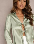 rosa Bluză Cămașă Verde din Satin în Stil Retro Finisată cu Legătură Decorativă Branea