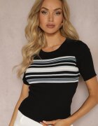 rosa Bluză Casual Neagră cu Imprimeu cu Dungi din Material Reiat Dniasa